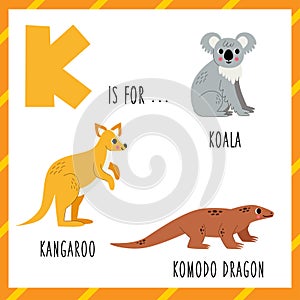 Learning English alphabet for kids. Letter K. Cute cartoon koala kangaroo komodo dragon.