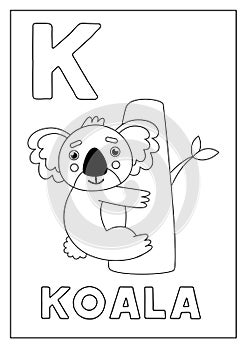 Learning English alphabet for kids. Letter K. Cute koala on tree.