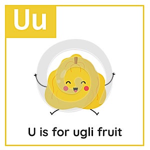 Learning English alphabet for kids. Letter U. Cute cartoon ugli fruit.