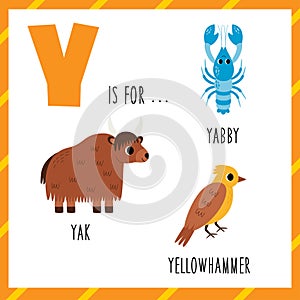 Learning English alphabet for kids. Letter Y. Cute cartoon yak yabby yellowhammer.
