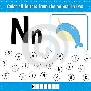 Learning English alphabet. Letters recognition. Color all letters Nn. N is for