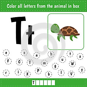 Learning English alphabet. Letters recognition. T is for turtle