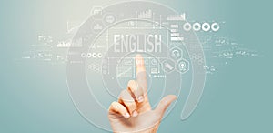 Learning English concept with hand pressing a button