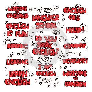 Learning English educational lettering - colored phrases and words. Language school lettering - phrases and expressions