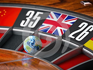Learning English language concept. Earth as a ball of casino roulette with UK Great Btitain flag in winning number