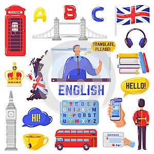 Learning English, tourism to Great Britain, London landmarks vector illustration isolated.