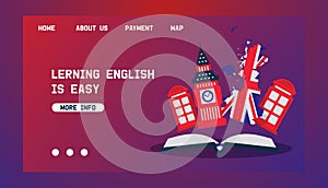 Learning English or travelling to Great Britain vector concept for web. British flag, Big Ben and telephone booth as