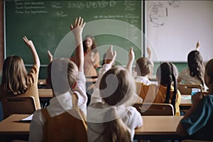 learning environment at school, pupils actively raising their hands to seek the teacher attention.