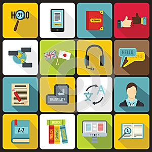 Learning foreign languages icons set, flat style
