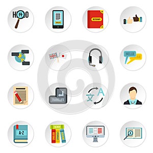 Learning foreign languages icons set, flat style