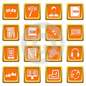 Learning foreign languages icons set orange