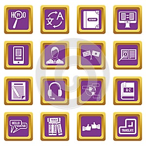 Learning foreign languages icons set purple