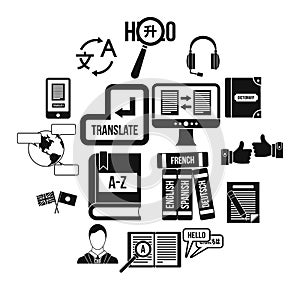 Learning foreign languages icons set, simple style