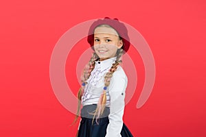 Learning french. happy child in uniform. little girl in french beret. Education abroad. kid fashion. International