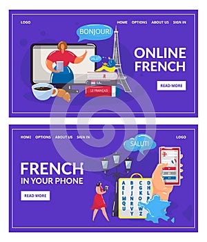 Learning French language online vector illustration, cartoon flat human hand holding smartphone, mobile education course