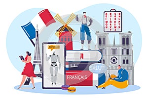 Learning french language online, vector illustration. Student character get knowledge by internet, communication