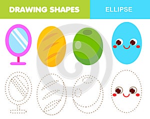 Learning geometric shapes for kids. Ellipse, oval. Handwriting practice figures and forms. Educational worksheet for children and