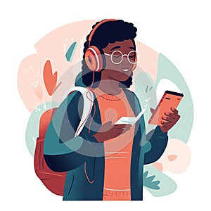 Learning on the Go: Student using a mobile device to access educational resources like e-books, podcasts, or videos on the move photo