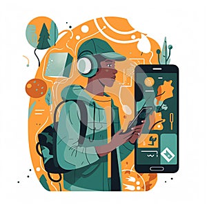 Learning on the Go: Student using a mobile device to access educational resources like e-books, podcasts, or videos on the move photo