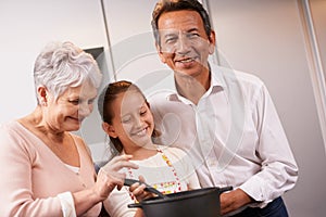 Learning grannys secret stew recipe. A young girl being taught how to cook by her grandparents.