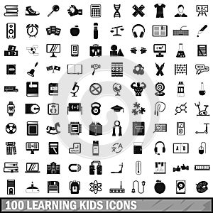 100 learning kids icons set, simple style
