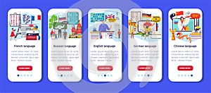 Learning language app vector illustration, crtoon flat vertical mobile smartphone application interface set for training