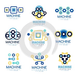 Learning machine label original design set of vector Illustrations on blue colors