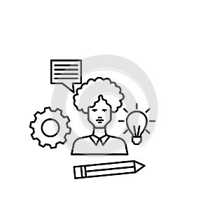 Learning, man, lamp, gear, pen icon. Element of education line icon