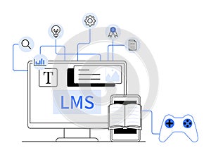 Learning Management System Concept with Computer, Book, Icons and Game Controller