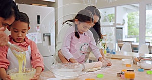 Learning, mother and kids baking with parents in a home kitchen counter together to prepare dessert as a skill. Family