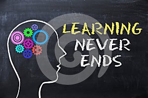 Learning never ends message on blackboard with human head shape and gears