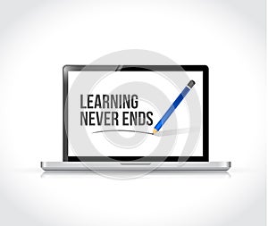 learning never ends sign on a computer.