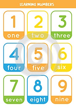 Learning numbers cards from 1 to 9. Colorful flashcards.