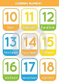 Learning numbers cards from 10 to 18. Colorful flashcards.