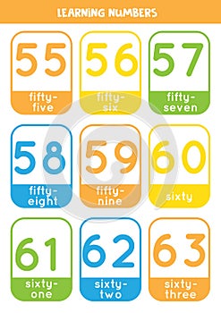 Learning numbers cards from 55 to 63. Colorful flashcards.