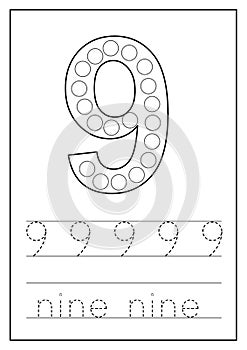 Learning numbers for kids. Number nine. Math worksheet.