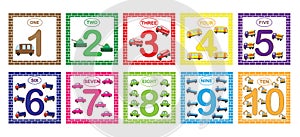 Learning numbers, mathematics with cars transport. Flash cards with numbers from 1 to 10, set. Game for children