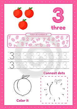 Learning numbers. Number 3. Trace, color, dot to dot on one page