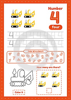 Learning numbers. Number 4. Trace, color, count