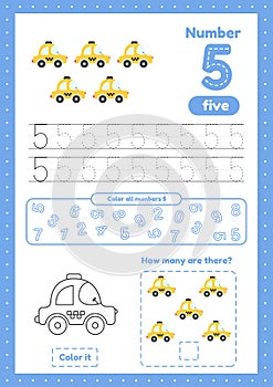 Learning numbers. Number 5. Trace, color, count