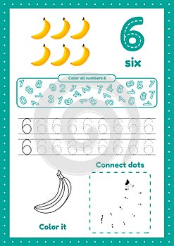 Learning numbers. Number 6. Trace, color, dot to dot on one page