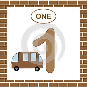 Learning numbers with transport for preschool children. Number 1 one with minibus. Card. Vector illustration.