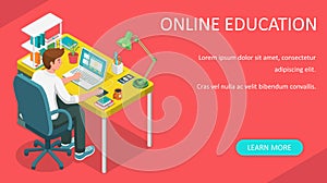 Learning online at home. Student sitting at desk and looking at laptop. E-learning banner. Web courses or tutorials concept. Dista