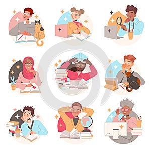 Learning People Character Sitting at Desk with Book and Laptop Studying and Gaining Knowledge Vector Set