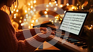 Learning piano through an online tutorial with warm lighting and music sheets on a digital tablet photo