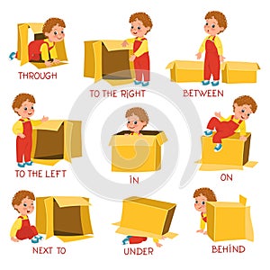 Learning prepositions with little boy. Visual educational guide. English language studying. Child with cardboard box