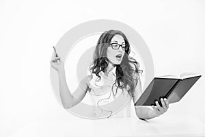 Learning process. woman with red lips in glasses. back to school concept. Charming lady smiling at table. Business