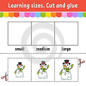 Learning sizes. Cut and glue. Easy level. Christmas theme. Color activity worksheet. Game for children. Cartoon character. Vector