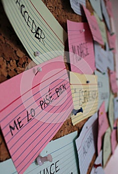 Learning Spanish with flash cards on a cork board