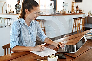 Learning, Studying. Woman Using Laptop Computer At Cafe, Working